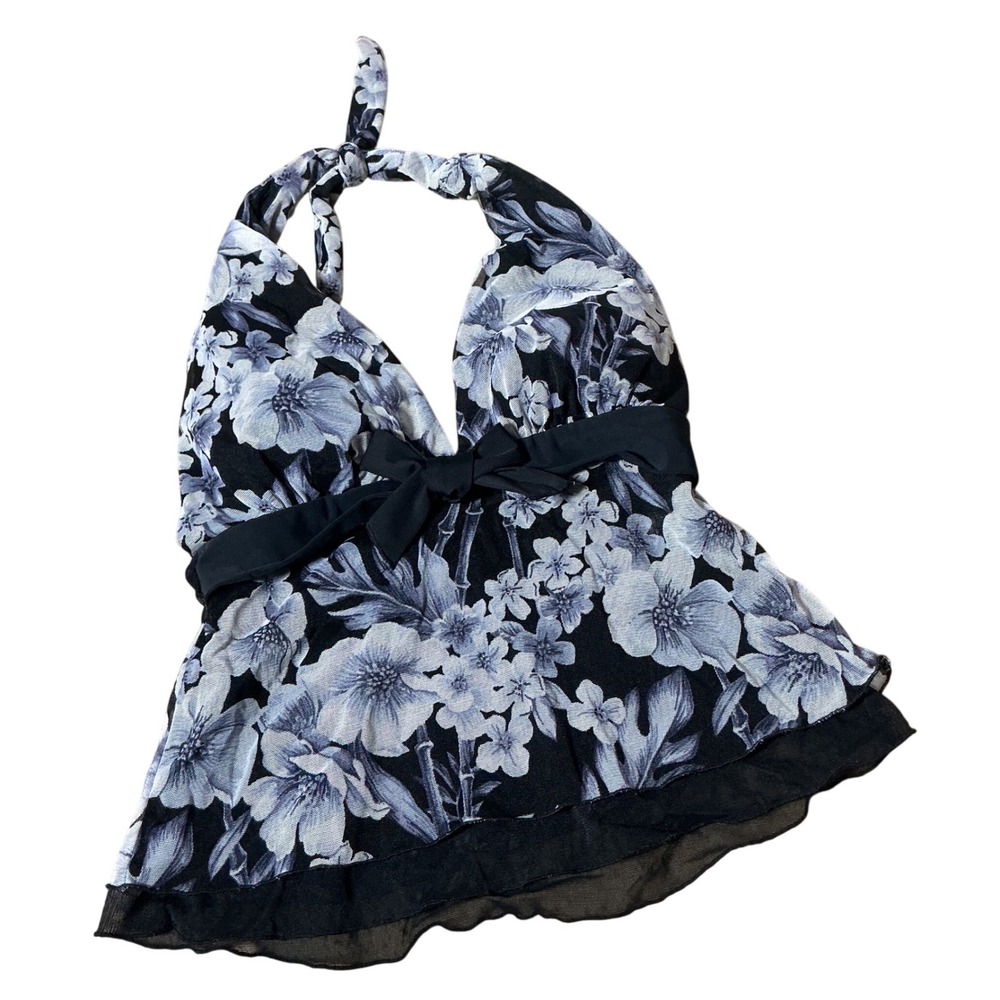 Mainstream Babydoll Floral Halter Tankini Top Blue Mesh Bow Size 12‎ 80379TP